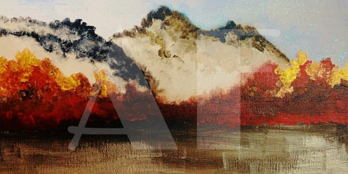 Peinture acrylique sur toile représentant un paysage de montagne en automne