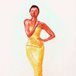 Dessin à la craie sanguine représentant une diva en robe sirène.