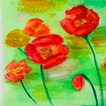 Peinture aquarelle représentant un champ remplit de coquelicot sauvage.