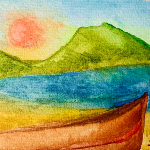 Peinture aquarelle représentant une barque abandonnée près d'un lac bleu.