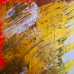 Peinture acrylique représentant des poèmes rouge et dorés.