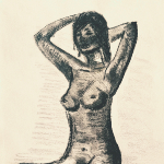 Dessin à la craie sanguine représentant une femme nue avec des bas noirs assise sur le sol.