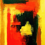 Peinture acrylique d'une ruelle étroite ensoleillée. Le soleil brille à travers les feuilles des arbres, créant des taches de lumière dorée sur le sol.