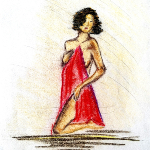 Dessin en craies pastel d'une femme nue cachant son corps derrière un voile pourpre.