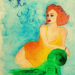 Peinture acrylique représentant une femme en corset assise sur un fauteuil vert.