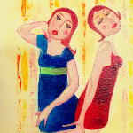 Peinture acrylique représentant deux femmes ingénues, cheveux roux, robe rouge et robe bleue dans une pose lascive.