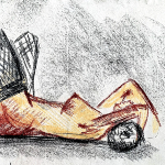 Dessin en craies sanguines représentant  une femme nue avec des bas résilles allongée sur son lit.