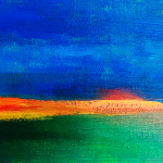 Peinture acrylique représentant un couché de soleil sur un champ d'herbe luxuriante.