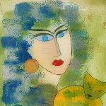 Peinture acrylique abstraite d'un portrait de femme aux cheveux bleus avec son chat jaune.