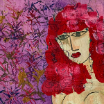 Peinture acrylique représentant une femme nue à la chevelure rouge flamboyante assise au milieu de bambous sauvages.