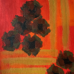 Peinture acrylique abstraite où des traits dorés s'entrecroisent comme des rencontres. Des fleurs noires sont posées, aux abords des lignes.