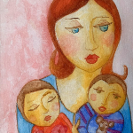 Dessin à l'aquarelle représentant une mère et ses deux jeunes enfants. Elle les tient dans ses bras comme pour les rassurer par son amour.