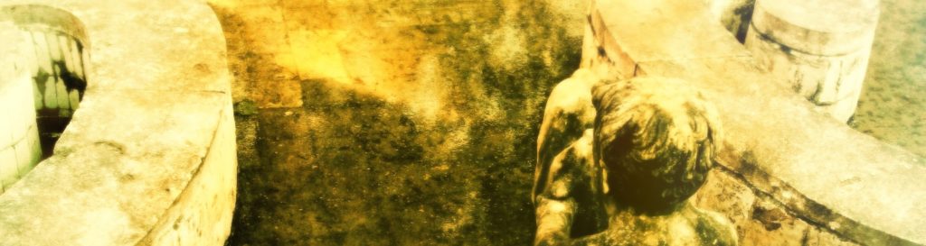 Photographie d'un petit bassin aux arabesques en pierre et son eau fraiche cristalline.