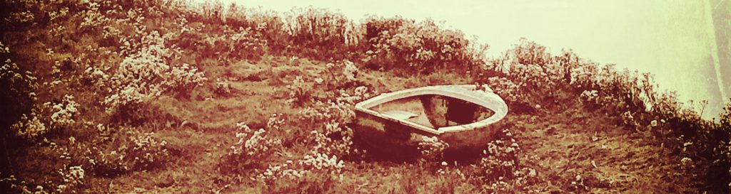 Photographie d'une vieille barque en bois abandonnée sur la rive près d'une rivière.