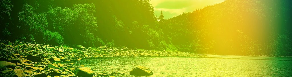 Photographie du lac blanc dans les Vosges bordé de gros rochers, de sapins et de montagnes.