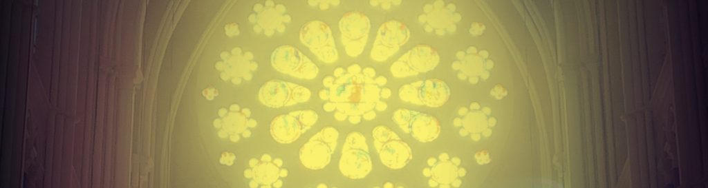 Photographie d'un vitrail de la cathédrale de Charles laissant passée la lumière divine.