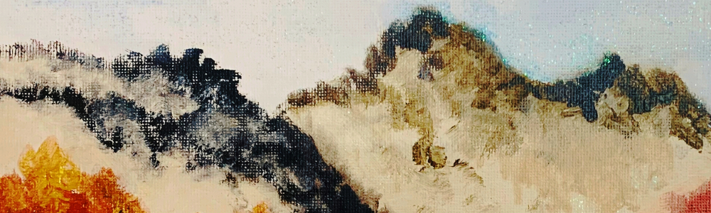 Peinture acrylique sur carton toilé représentant un paysage de montagne en hiver avec des arbres aux feuilles rousses et dorée, les montagnes enneigées.
