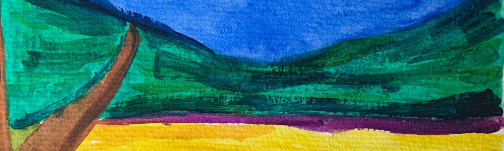 Peinture aquarelle représentant un champs de lavande