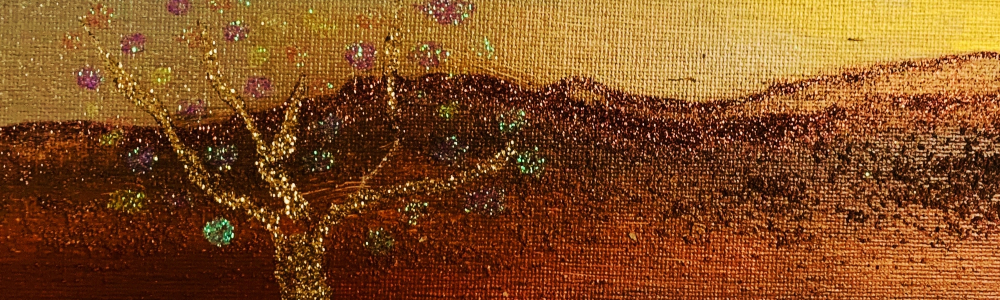 Peinture acrylique représentant un paysage avec un couché de soleil et un arbre enchanté.
