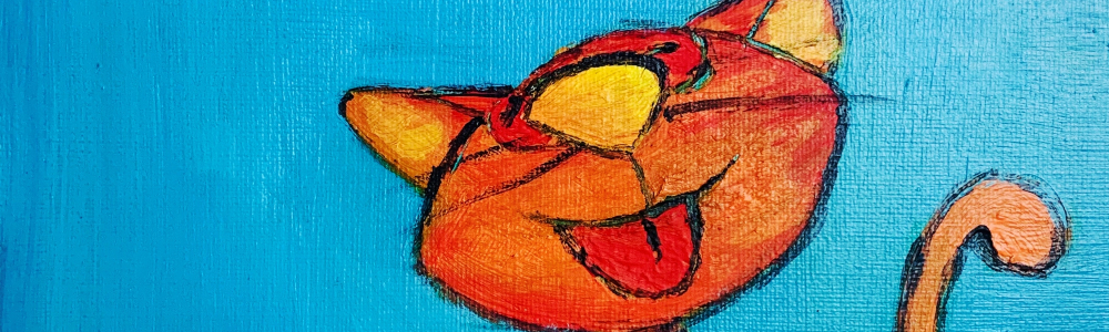 Peinture acrylique représentant un chat rêvant de manger un poisson.