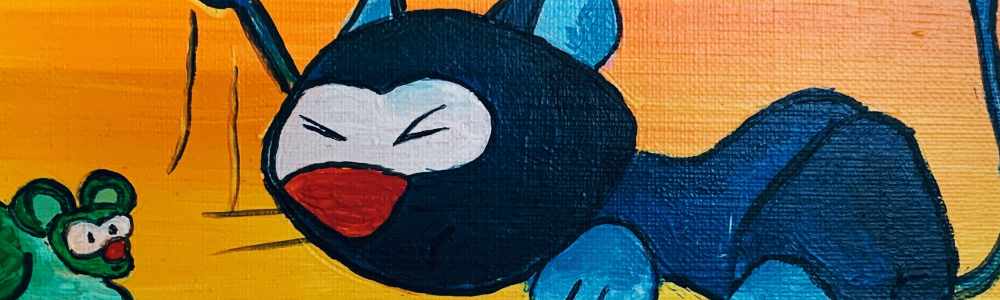 Peinture acrylique représentant un chat jouant avec son amie la souris verte.