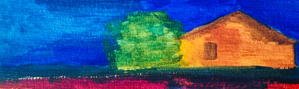 Composition représentant un paysage du midi de la France avec un cabanon en bois perdu au milieu d'un champ de lavandes.