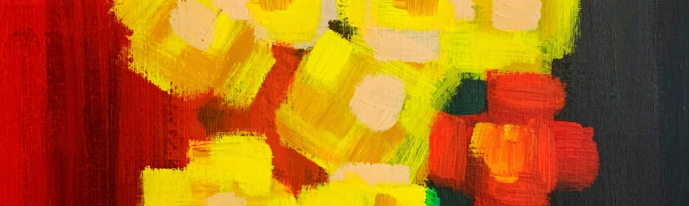 Peinture acrylique représentant un bouquet de belles de nuit jaunes sur un fond noir et rouge.