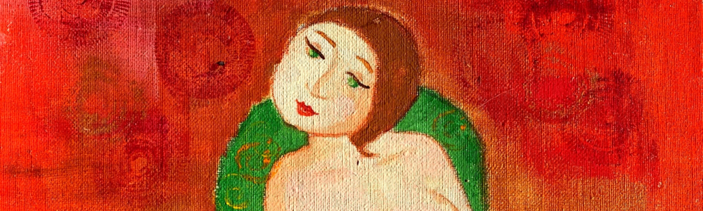 Peinture acrylique représentant une femme nue assise sur un sofa vert.