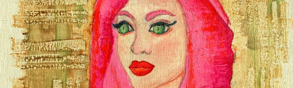 Peinture acrylique représentant un visage de femme rockeuse aux cheveux rose.