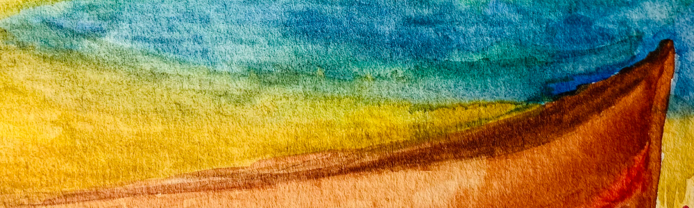 Peinture aquarelle représentant une barque abandonnée près d'un lac bleu.