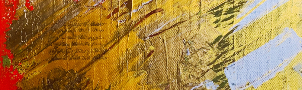 Peinture acrylique représentant des poèmes rouge et dorés.