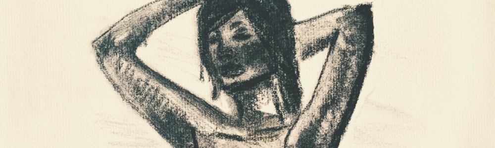 Dessin à la craie sanguine représentant une femme nue avec des bas noirs assise sur le sol.