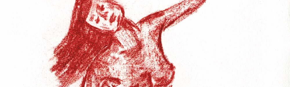 Dessin en craie sanguine représentant une femme au corps gracieux posant nue assise sur un cube.