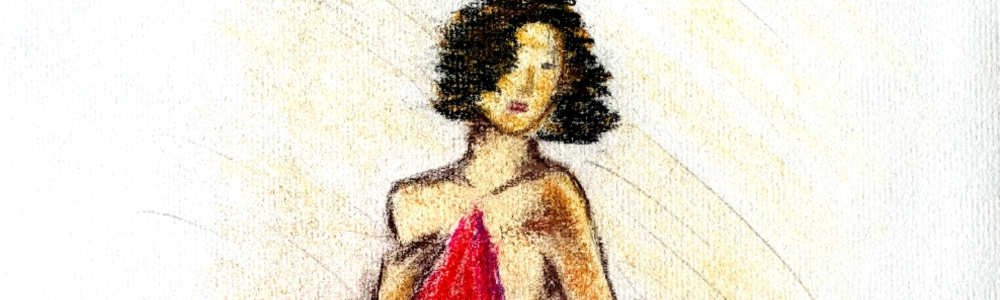 Dessin en craies pastel d'une femme nue cachant son corps derrière un voile pourpre.