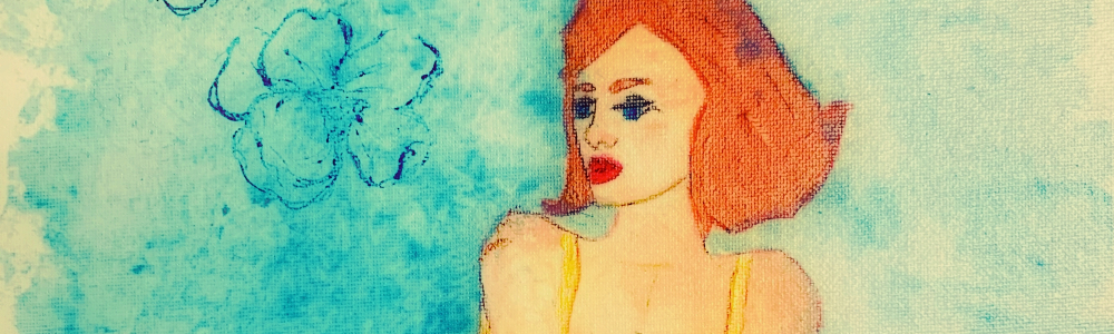 Peinture acrylique représentant une femme en corset assise sur un fauteuil vert.