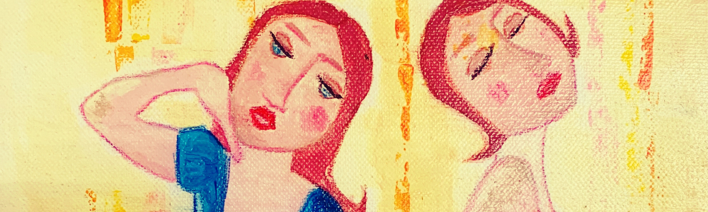 Peinture acrylique représentant deux femmes ingénues, cheveux roux, robe rouge et robe bleue dans une pose lascive.