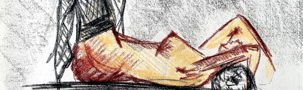 Dessin en craies sanguines représentant  une femme nue avec des bas résilles allongée sur son lit.