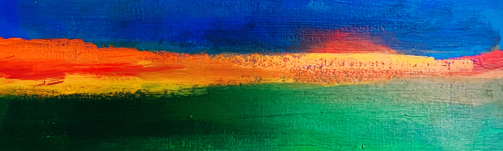 Peinture acrylique représentant un couché de soleil sur un champ d'herbe luxuriante.