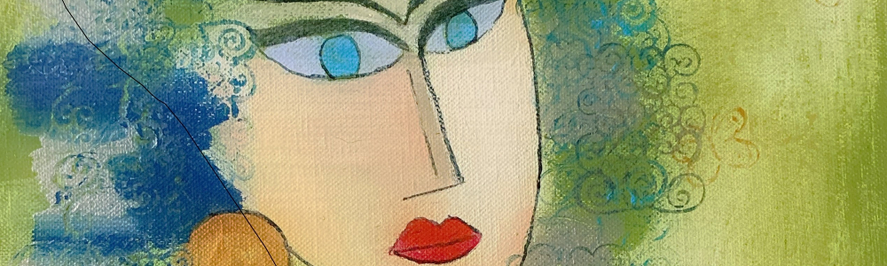 Peinture acrylique abstraite d'un portrait de femme aux cheveux bleus avec son chat jaune.