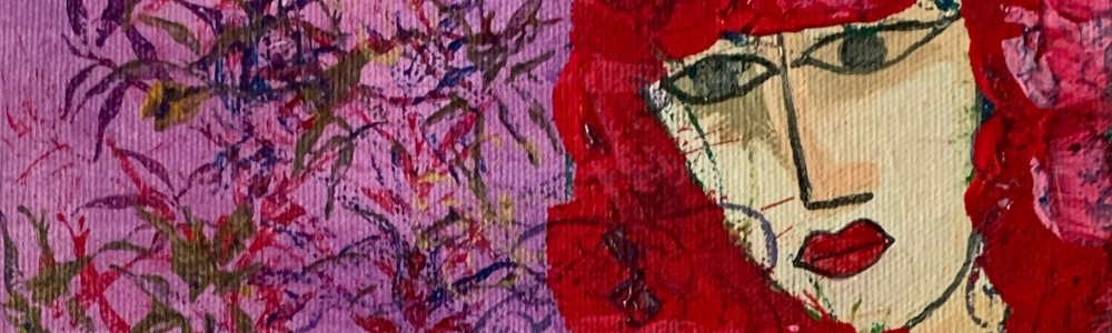 Peinture acrylique représentant une femme nue à la chevelure rouge flamboyante assise au milieu de bambous sauvages.