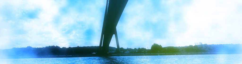 Vue du Pont de Normandie depuis un bateau. Une vue unique où l'ingénierie monumentale rencontre la sérénité de la berge, sublimée par des jeux de lumière et d'ombre.